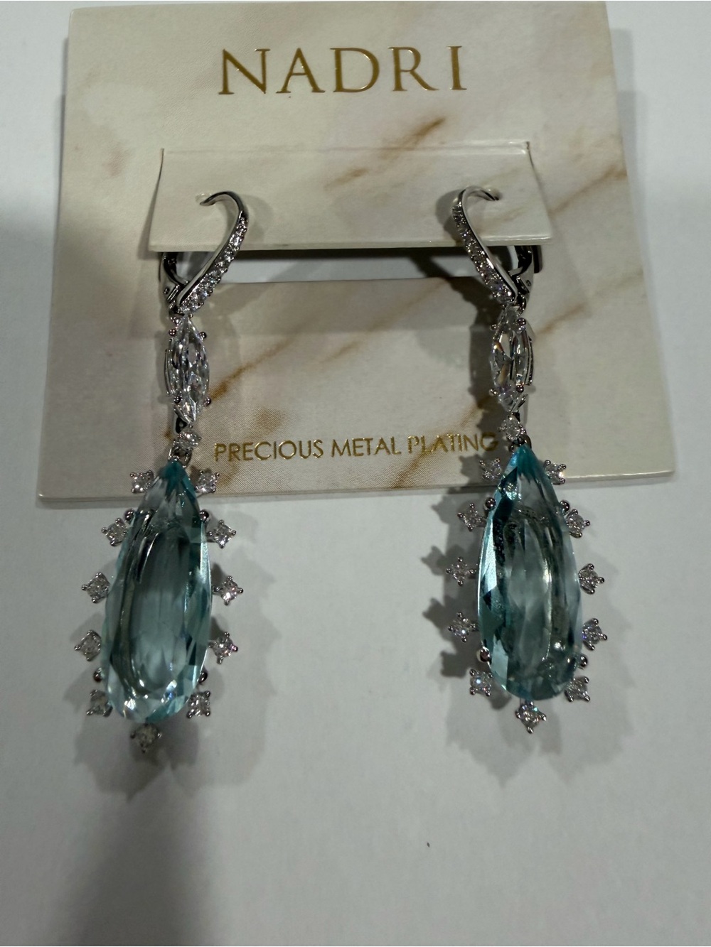 Nadri Silver-Tone Aquamarine Teardrop Crystal Drop Earrings
